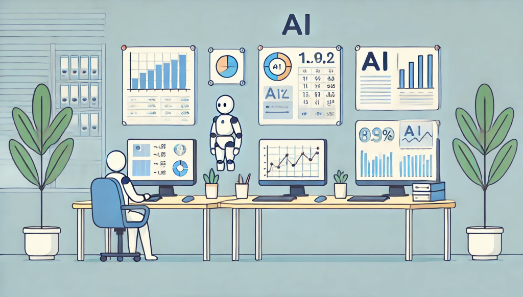 A simple cartoon-style office with AI-powered tools for financial forecasting, featuring basic digital displays showing financial metrics and predictive graphs. Cartoon analysts use AI systems to analyze data and manage budgets in a straightforward and clean environment, emphasizing minimalist design.