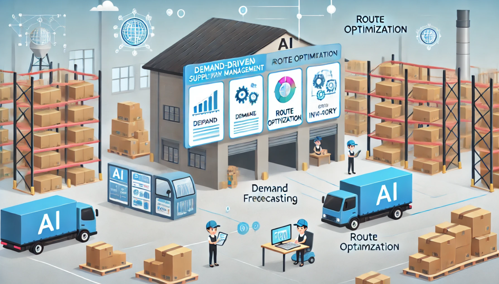A simple cartoon-style warehouse with AI-driven supply chain management systems, featuring basic digital displays showing data on demand forecasting, route optimization, and inventory management. Cartoon workers interact with AI tools to streamline logistics and improve delivery times in a clean and efficient environment.