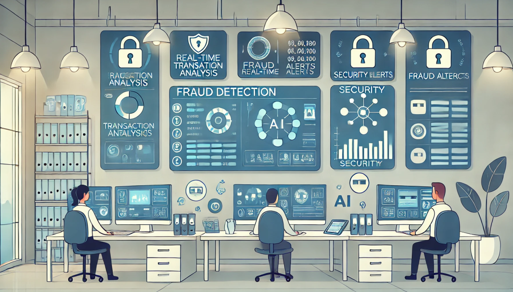 A simple cartoon-style office focused on fraud detection and security, featuring digital displays showing transaction analysis, real-time fraud alerts, and security metrics. Cartoon analysts monitor AI tools to identify unusual patterns and potential fraud, with security icons like padlocks and warning symbols integrated into the displays.
