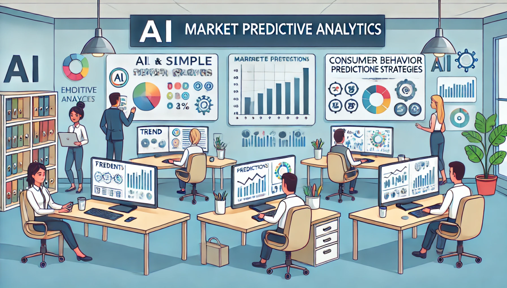A clean and simple cartoon-style office featuring AI market predictive analytics, with digital displays showing trend forecasts, consumer behavior predictions, and data analysis. Cartoon analysts use AI tools to identify emerging trends and optimize strategies in a professional environment with a balanced use of color.