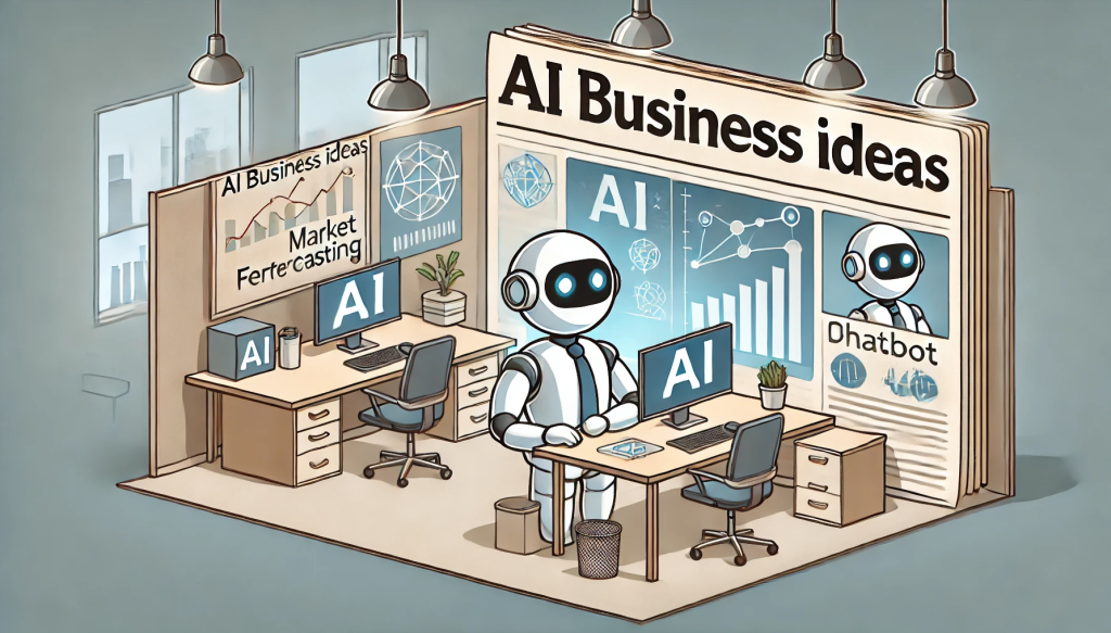 A simple cartoon-style office room setting featuring an AI robot interacting with AI technology such as a chatbot or market forecasting tool. The environment includes a single desk, a computer, and one or two digital screens displaying AI applications, with a clean and minimalistic newspaper cartoon aesthetic. The scene is zoomed out to show the room and empty space around it.