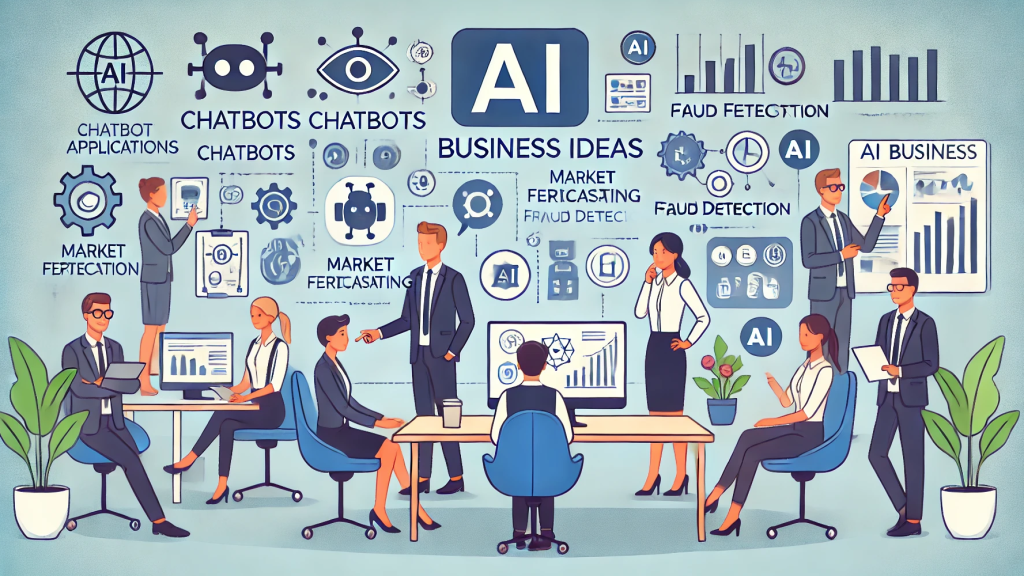 A clean and simple cartoon-style illustration featuring business professionals in an office setting, interacting with AI technology. Digital screens display key AI applications such as chatbots, market forecasting, and fraud detection using icons and graphics. The environment is professional with a moderate use of color, emphasizing the practical use of AI in transforming industries and driving business growth.