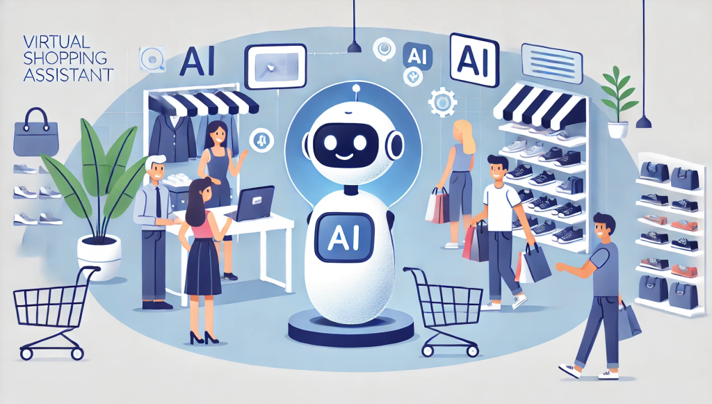 A simple cartoon-style image featuring an AI-powered virtual shopping assistant in a retail setting. The AI assistant, depicted as a friendly robot, interacts with customers, offering personalized recommendations and answering queries. The scene includes a few shoppers, digital screens displaying products, and a clean, modern store environment, emphasizing the benefits of AI in transforming the retail shopping experience.