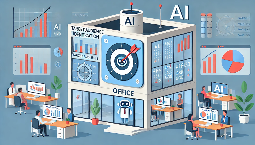 A simple cartoon-style image featuring an office building showcasing AI tools for target audience identification. The office building is isolated with nothing around it, and we are looking inside the building. Inside, a friendly AI robot is analyzing data on a digital screen, identifying patterns, and segmenting audiences. The environment is a clean, modern office setting with desks, computers, and charts displaying marketing data. A target with an arrow in the center is prominently featured