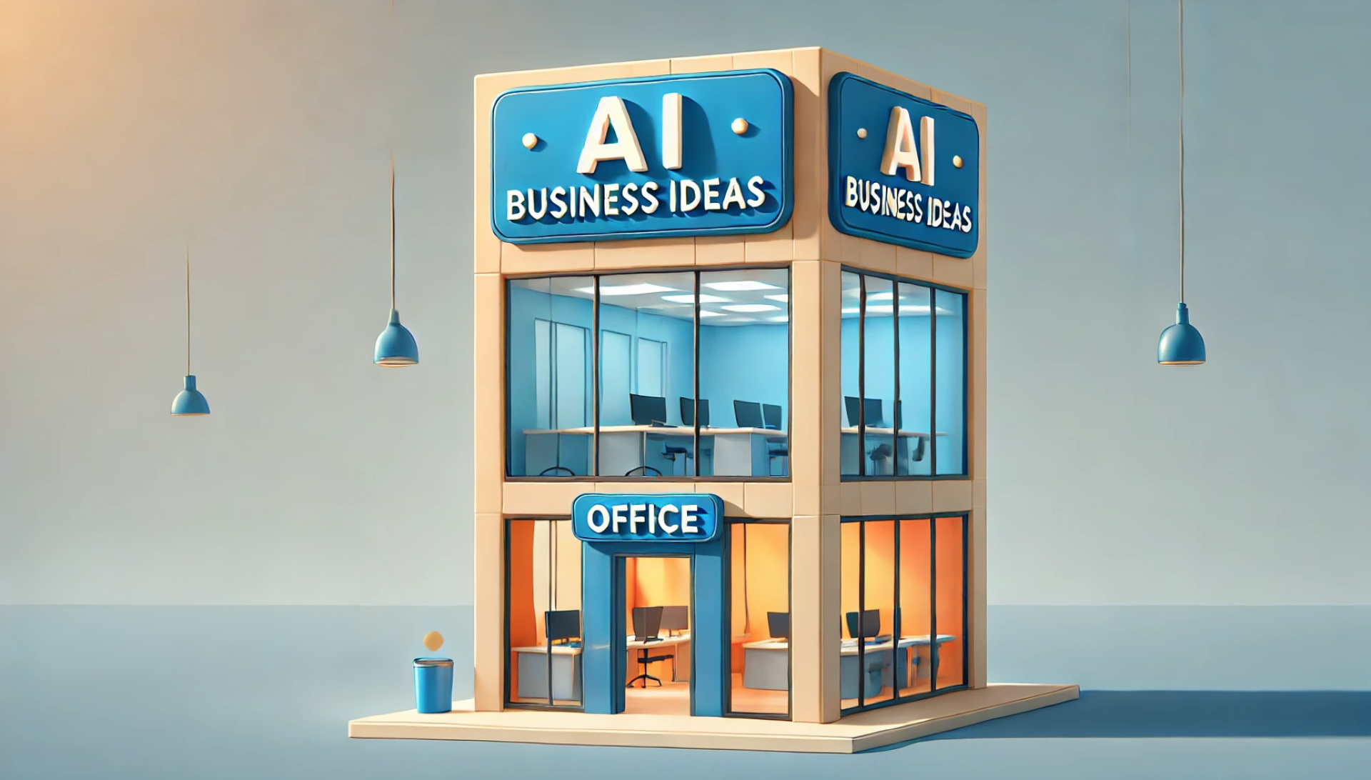 A colorful cartoon-style image of an AI-focused office building, showing the interior of the building as if we are looking into it, with nothing outside the building. The building has the text 'AI Business Ideas' prominently displayed. The design is clean and minimalistic. The interior includes desks and computers arranged neatly inside the office.