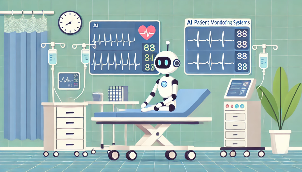 A plain and simple cartoon-style image featuring AI-driven patient monitoring systems in a healthcare setting. The scene includes a friendly AI robot monitoring patient vital signs on digital screens, using advanced algorithms to analyze data and detect anomalies. The environment is a clean, modern hospital room with a minimalistic design, achieving a playful and engaging aesthetic.