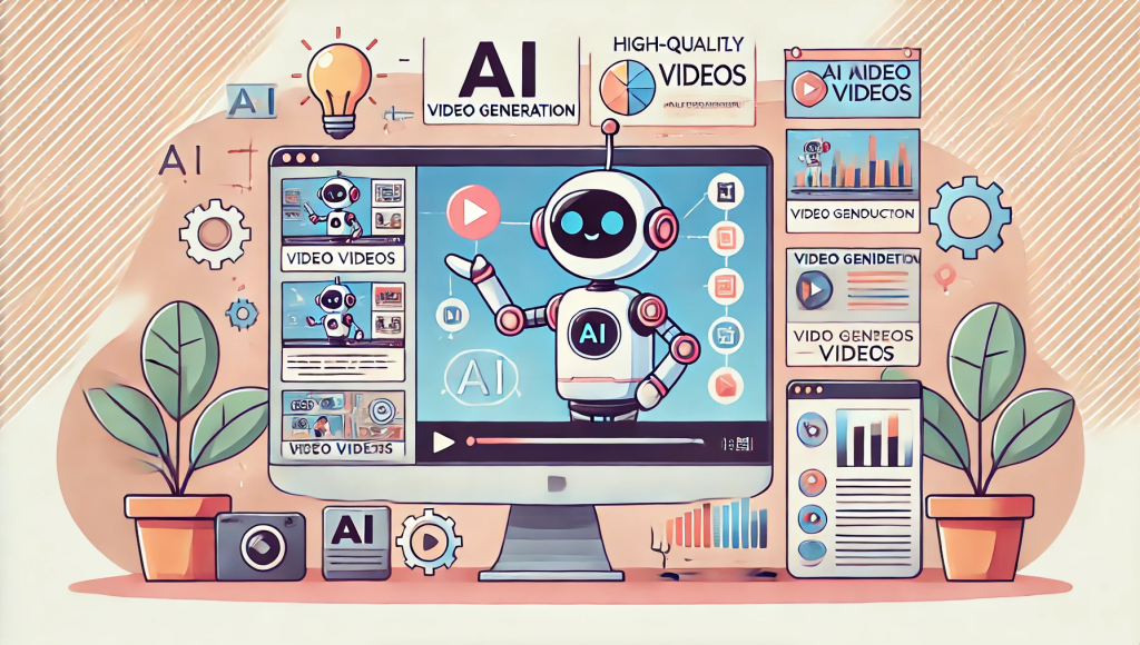 A cartoon-style image featuring AI video generation tools in action. The scene includes a friendly AI robot creating high-quality videos from text, images, and data on digital screens. The environment is a clean, modern workspace with a playful and engaging cartoon aesthetic, showcasing the process of AI automatically producing videos, emphasizing the benefits of AI in transforming video content creation for marketing, education, and entertainment.