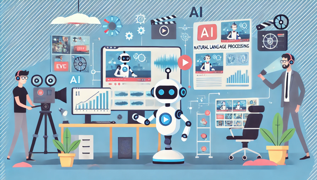 A cartoon-style image featuring AI-driven video content creation. The scene includes a friendly AI robot using natural language processing to automate and enhance video production. The environment is a modern studio with digital screens displaying video content being created. The design is playful and engaging, showcasing the benefits of AI in generating high-quality video content quickly and efficiently.