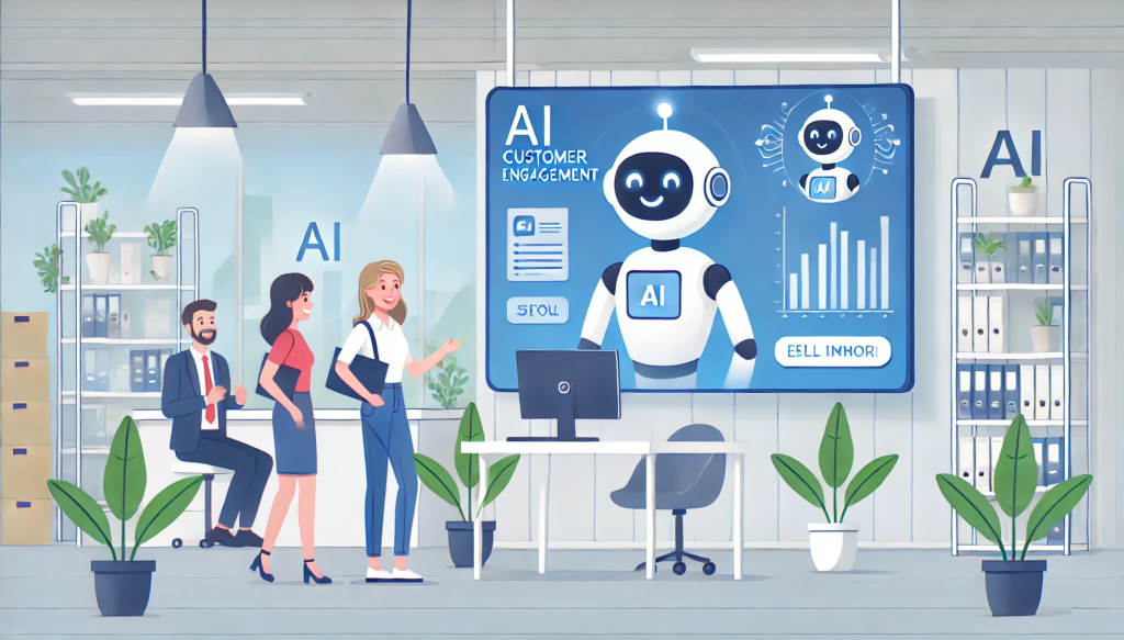 A simple cartoon-style image featuring AI-driven customer engagement tools in action. The scene includes a friendly AI robot interacting with customers through digital screens. The environment is a clean, modern office with a minimalistic design, showcasing the benefits of AI in enhancing customer interactions, boosting loyalty, and driving business growth and success.