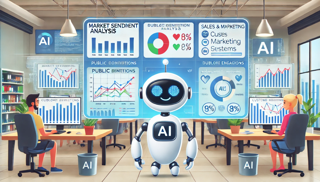 A cartoon-style image featuring AI for market sentiment analysis in action. The scene includes a friendly AI robot analyzing public opinion and trends on digital screens. The environment is a clean, modern office with charts and graphs displaying customer attitudes and preferences. The design is playful and engaging, showcasing the benefits of AI-powered systems in helping sales and marketing teams tailor their strategies, improve engagement, and drive growth.