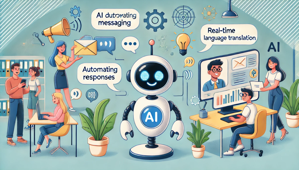 A cartoon-style image featuring AI-driven communication tools in action. The scene includes a friendly AI robot facilitating messaging, automating responses, and providing real-time language translation on digital screens. The environment is a clean, modern office with a playful and engaging cartoon aesthetic, showcasing the benefits of AI technology in enhancing interaction, collaboration, and connectivity for modern businesses.