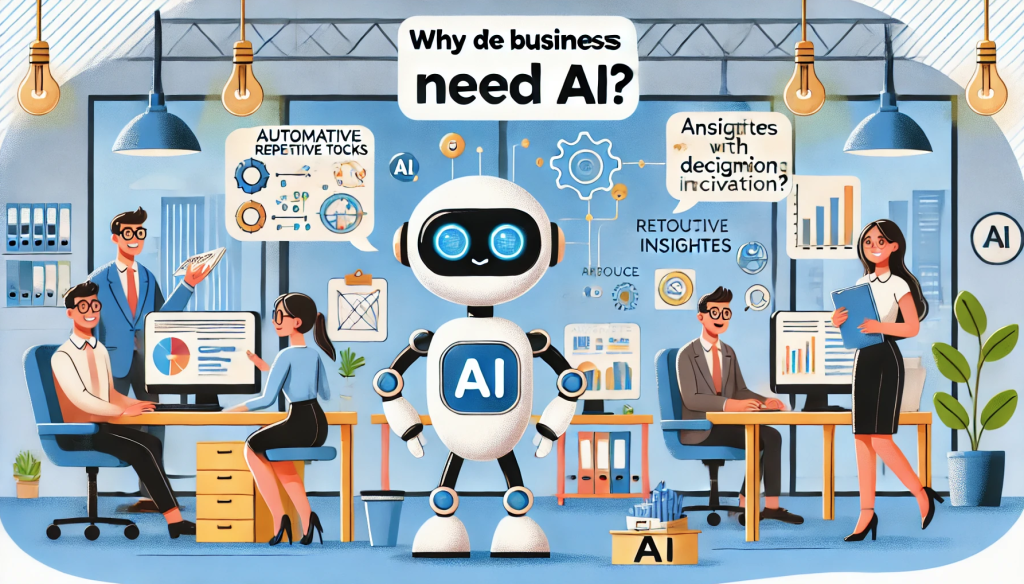 A cartoon-style image illustrating why businesses need AI. The scene includes a friendly AI robot automating repetitive tasks, providing insights on digital screens, and assisting with decision-making processes. The environment is a modern office with a playful and engaging cartoon aesthetic, showcasing the benefits of AI in enhancing productivity, reducing costs, and fostering innovation and growth for businesses.