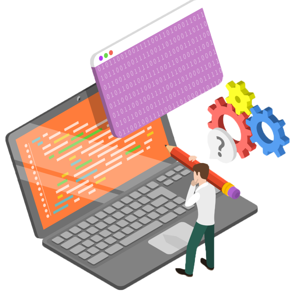 Illustration of a person analyzing code on a large laptop screen with a binary code overlay, gears, and a question mark symbolizing problem-solving and coding.