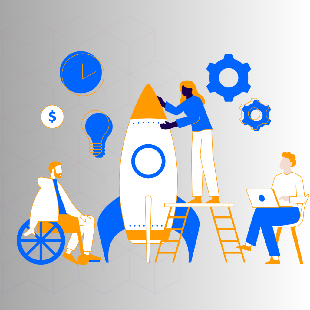 Illustration of three people collaborating on a rocket launch project. One person in a wheelchair is discussing ideas, another is standing on a ladder working on the rocket, and the third person is sitting with a laptop. Icons of a clock, light bulb, dollar sign, and gears surround the scene, symbolizing innovation, time, and finance.
