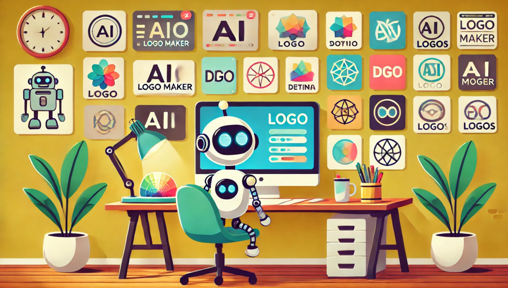 A cartoon-style image featuring an AI-powered logo maker in action. The scene includes a friendly AI robot generating logos on a digital screen, analyzing design trends and user preferences. The environment is a clean, modern workspace with various unique and high-quality logos tailored to different brands, achieving a traditional cartoon look.