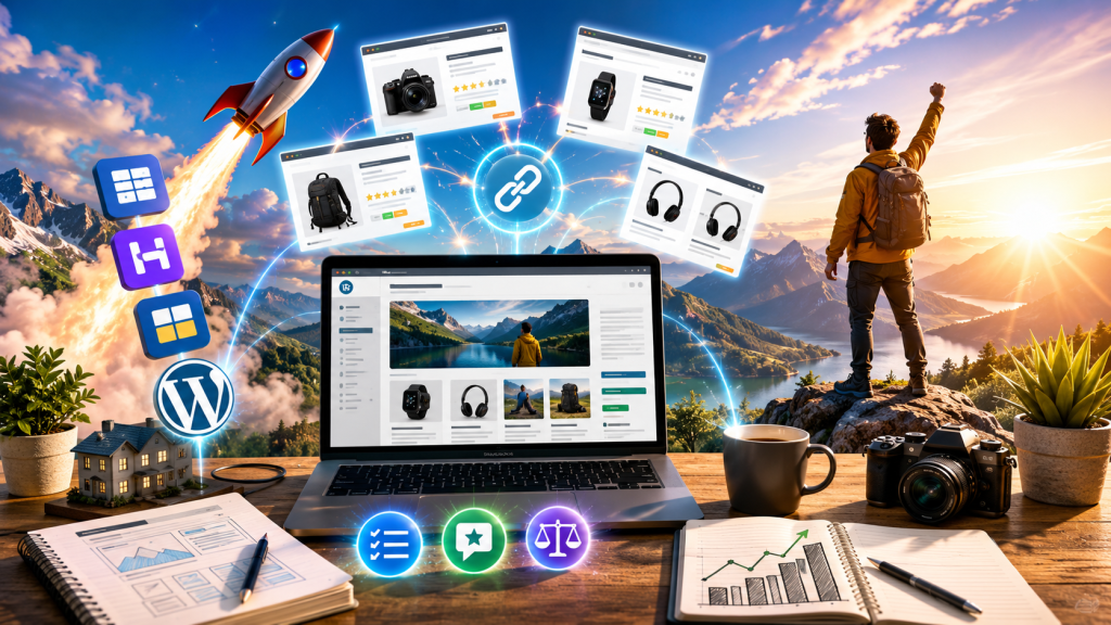 Bright, high-energy illustration of an affiliate blogging workspace with a laptop, rocket launch, growth arrow, product review panels, comparison icons, WordPress setup elements, AI writing tools, and conversion-focused visuals glowing against a vibrant sunrise.