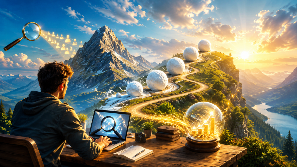 Affiliate marketer researching keywords on a laptop overlooking a bright mountain landscape, with a magnifying glass, audience icons, glowing growth chart, and increasingly large snowballs symbolizing long-tail search discovery and compounding evergreen content growth.