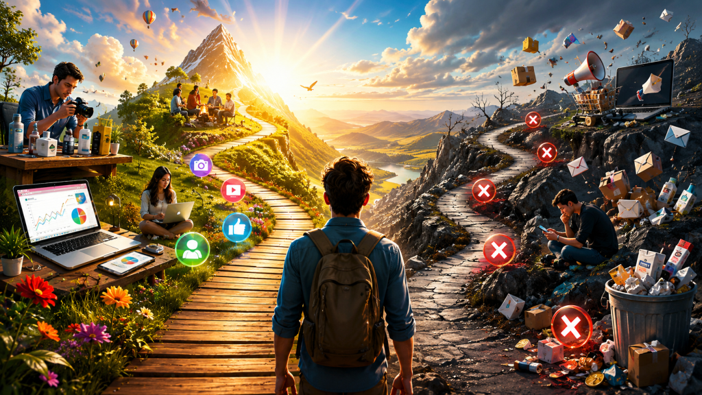 A creator stands at a dramatic mountain crossroads, with a bright, thriving path featuring analytics, content creation, product testing, and community on one side, and a cluttered, rocky path filled with spam, distractions, failed tactics, and warning symbols on the other.
