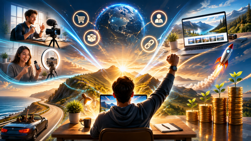 Bright digital illustration of an affiliate marketer working at a laptop as glowing links connect content creators, products, a website, a global network, rising income, and business growth, symbolizing how affiliate marketing works and develops over time.