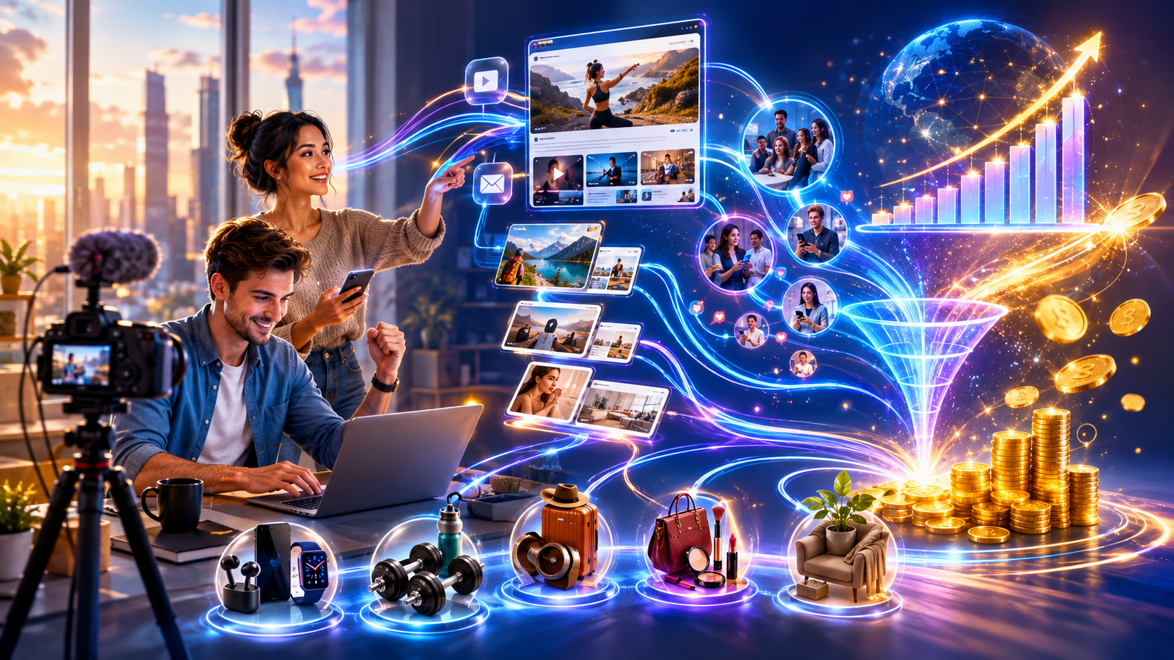 Bright futuristic affiliate marketing scene with two digital creators producing content from a laptop, smartphone, and camera as glowing pathways connect blogs, video, email, audiences, product niches, a sales funnel, rising analytics, and stacks of commission coins.