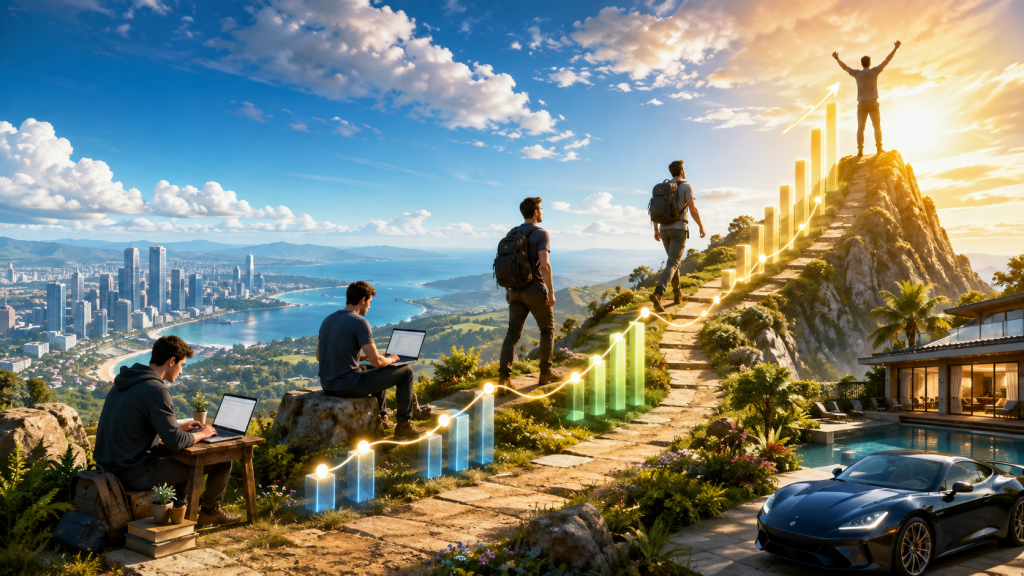 Bright cinematic illustration of an affiliate marketer progressing from early laptop work to steadily rising income, shown through an upward glowing graph, a mountain climb, and a triumphant summit representing long-term consistency and compounding success.