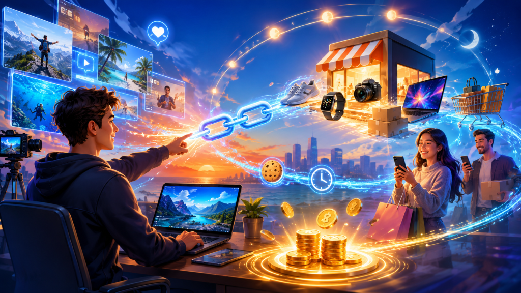 Bright digital illustration showing an affiliate marketer connecting content, products, online shoppers, tracking cookies, time delays, and commission earnings through glowing links and a vibrant e-commerce network.