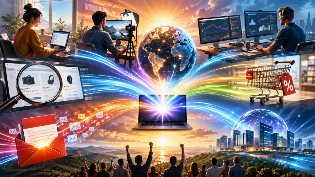 Bright panoramic illustration of the affiliate marketing industry, showing bloggers, video creators, search marketers, review sites, email campaigns, ecommerce, analytics, and large web properties connected through glowing streams of digital traffic around a global network.
