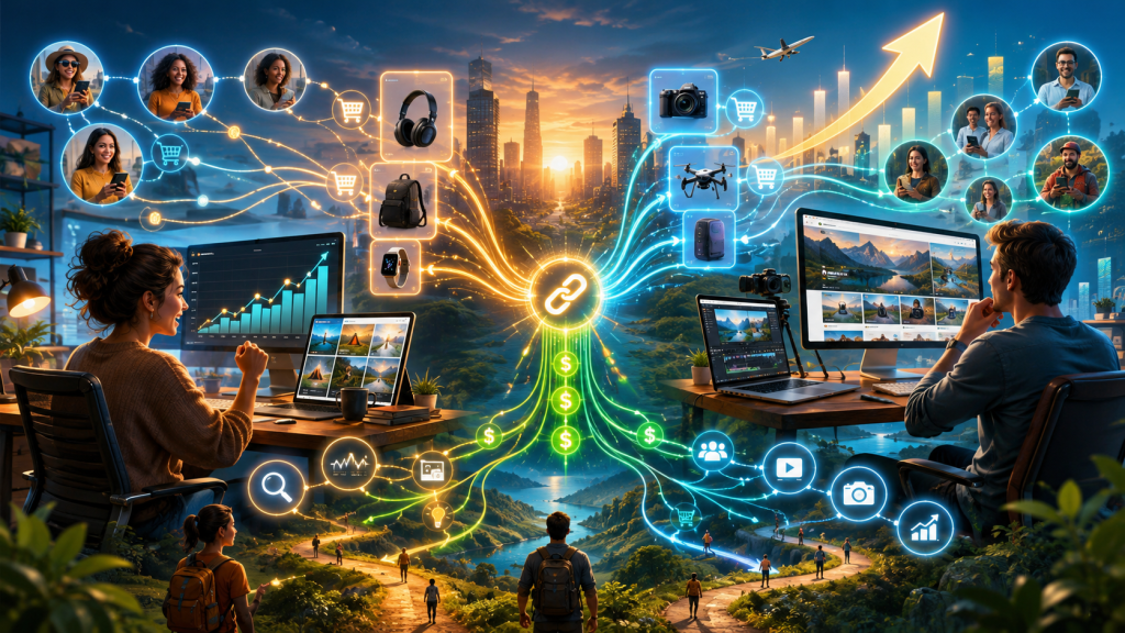 Two affiliate marketers build online businesses from separate workspaces as glowing product links, shoppers, commissions, analytics, content, and rising growth paths converge into a bright digital network, illustrating how affiliate marketing can scale through strategy, content, and consistent effort.