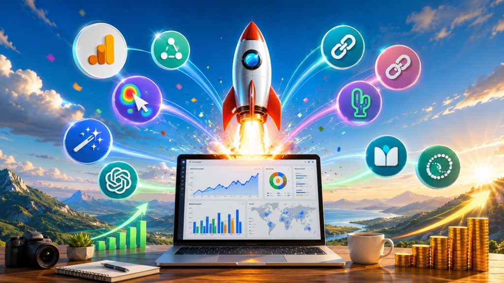 Bright affiliate marketing workspace with a laptop displaying analytics dashboards, a rocket launching above it, connected tracking and link icons, rising growth charts, and stacks of coins against a vibrant mountain landscape.
