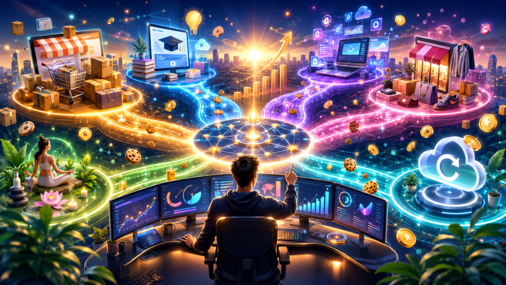 Vibrant futuristic affiliate marketing command center with a creator analyzing multiple glowing income pathways leading to ecommerce, SaaS, digital products, retail, wellness, and recurring subscription programs.