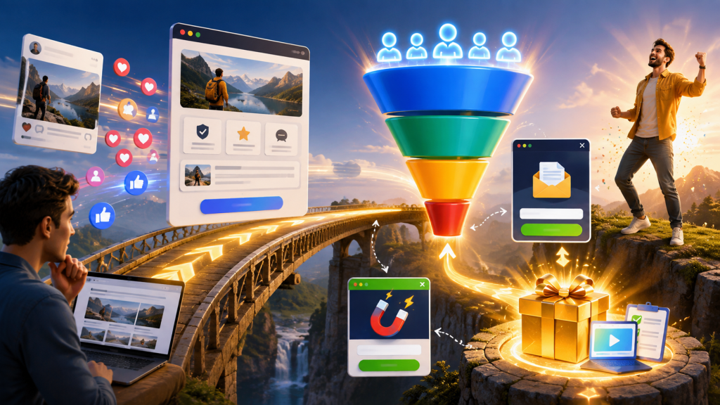 Bright 3D illustration of an affiliate marketing pre-selling funnel, showing content traffic crossing a bridge into a conversion funnel, email capture forms, lead magnets, and a successful customer journey.
