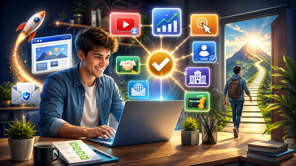 Bright digital illustration of a creator applying to an affiliate program from a laptop, surrounded by website, video, traffic analytics, email, payment, approval, and growth icons, with a sunlit path toward success in the background.