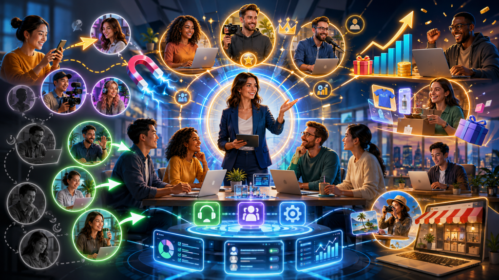 Bright, energetic illustration of a brand affiliate program centered on a marketing manager coordinating a network of creators, publishers, and partners. Glowing connections show active recruitment, dormant affiliates being reactivated, top performers receiving rewards and support, and analytics tools driving continued program growth.