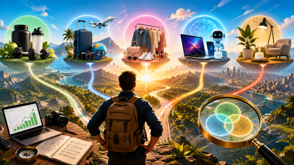 Entrepreneur overlooking five colorful paths leading to health and fitness, travel, fashion, technology, and lifestyle niches, with analytics, research tools, and a magnifying glass symbolizing the search for profitable market opportunities.