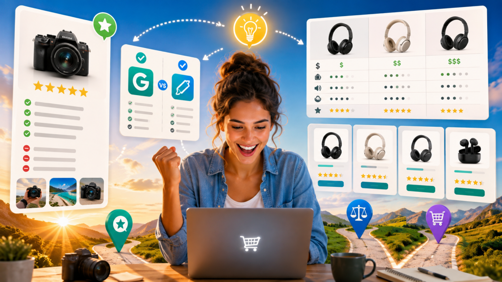 Bright, energetic illustration of a smiling online shopper using a laptop while surrounded by product review cards, comparison charts, star ratings, feature checklists, alternative product options, and shopping icons, representing conversion-focused affiliate content and purchase decisions.