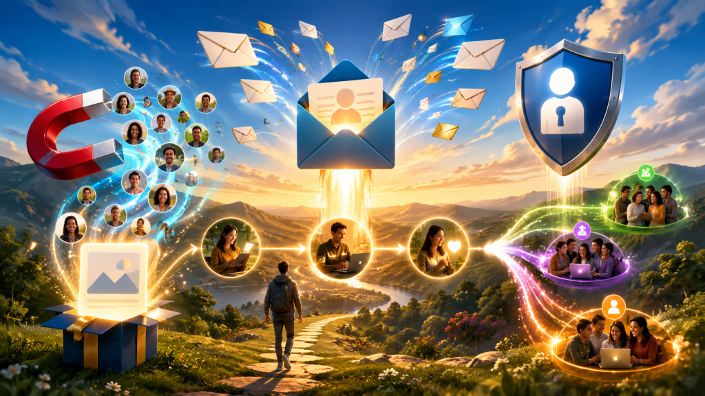 Bright cinematic illustration of email marketing showing a central envelope launching messages, a magnet attracting subscribers, a lead magnet gift, audience nurturing stages, privacy protection, and segmented subscriber groups connected by glowing pathways.