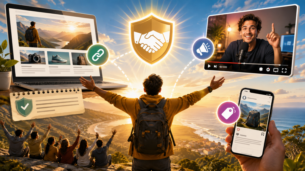 Bright cinematic illustration of a content creator overlooking a sunlit landscape, surrounded by a laptop, video screen, smartphone, affiliate link icons, and a glowing handshake shield symbolizing FTC disclosure, transparency, audience trust, and compliant affiliate marketing.