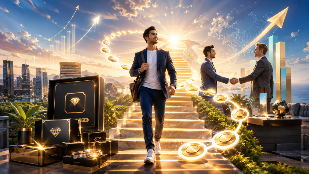 A confident entrepreneur climbs a glowing staircase toward a bright horizon as golden coins loop around him, luxury products symbolize high-ticket offers, rising charts show growth, and two business professionals shake hands to represent negotiating higher affiliate commission rates.