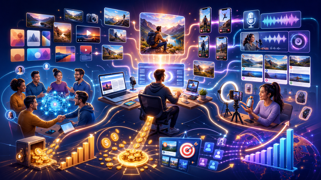 A vibrant digital marketing scene showing a creator at the center of a connected content ecosystem, with one original piece branching into videos, social clips, podcast content, and visual assets. Nearby, affiliates network and collaborate, an influencer promotes a product on camera, and glowing revenue streams flow into advertising, audience growth, and rising performance charts.