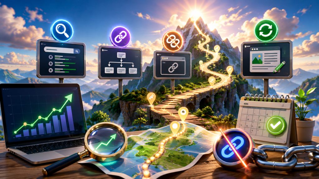 Bright 3D illustration of an SEO growth journey with keyword research, internal linking, affiliate link management, content updates, analytics, and a glowing path climbing toward a mountain summit.