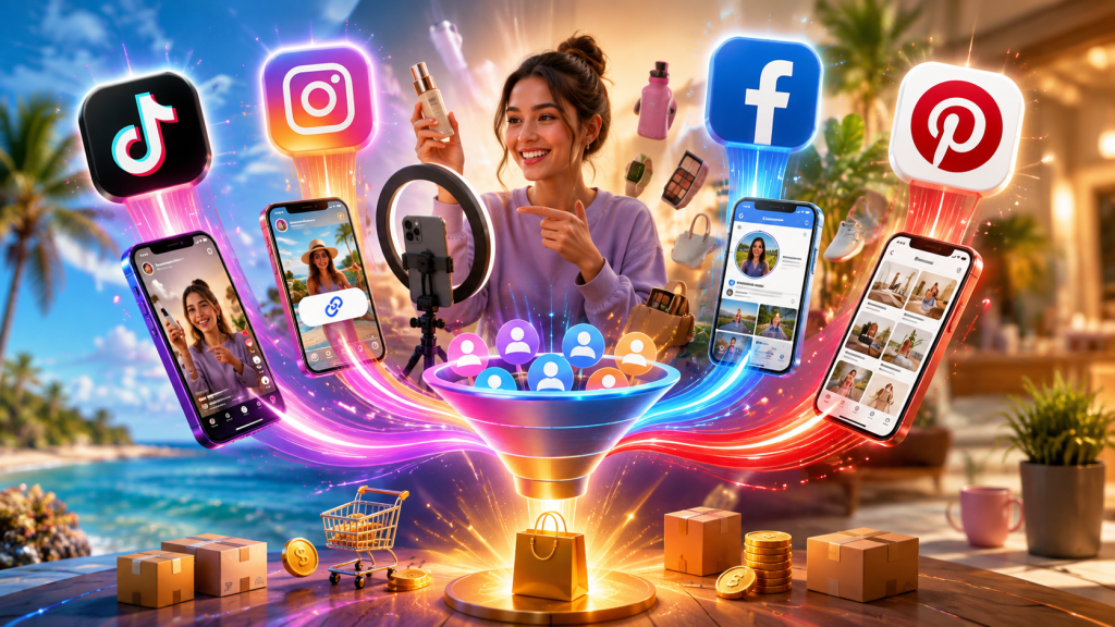 Bright affiliate marketing illustration showing a content creator promoting products across TikTok, Instagram, Facebook, and Pinterest, with colorful social media traffic flowing through a glowing conversion funnel toward shoppers, packages, and sales.
