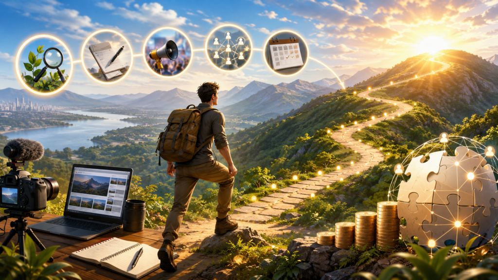 Bright cinematic illustration of a creator beginning an affiliate marketing journey, with a camera, laptop, notebook, glowing marketing icons, networking symbols, rising coins, and a sunlit mountain path representing content creation, traffic growth, consistency, and long-term success.