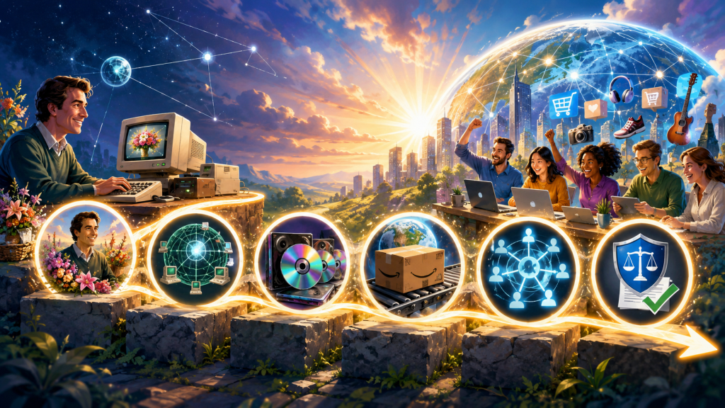 Vibrant cinematic timeline illustrating the evolution of affiliate marketing from an early 1989 computer and flower business through music referrals, e-commerce growth, affiliate networks, regulation, and today’s globally connected creator economy.