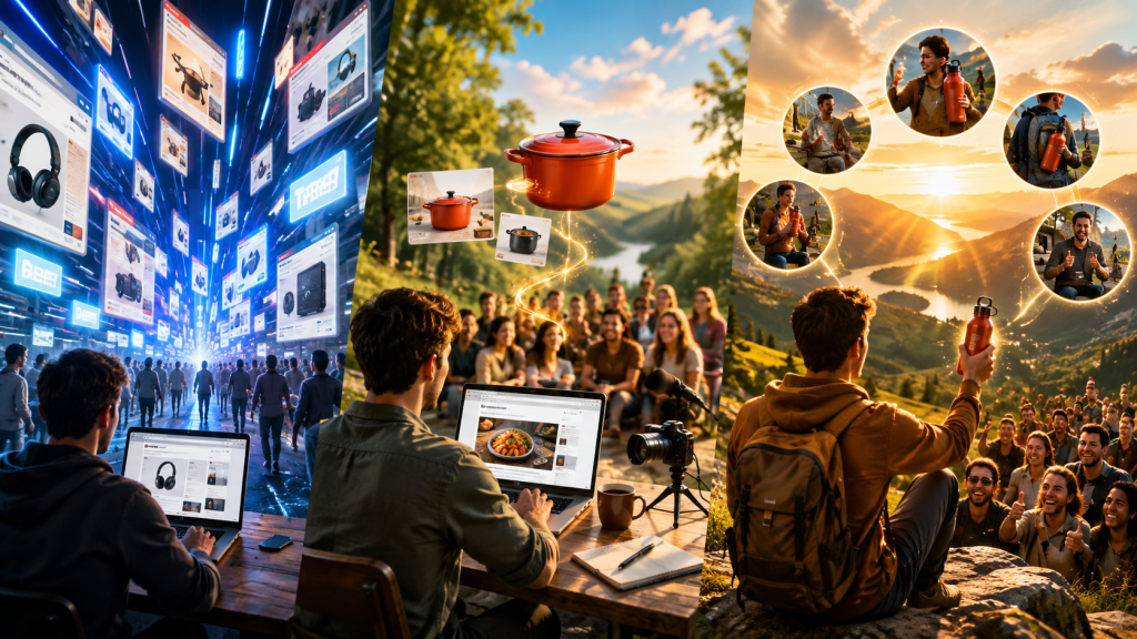 Cinematic three-part illustration showing the progression of affiliate marketing from cold paid advertising, to niche-related content creation, to authentic product recommendations backed by personal experience and audience trust.