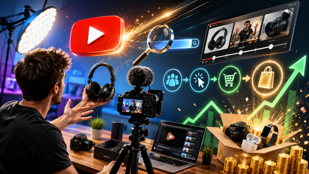 YouTube affiliate marketer filming a product review with headphones, camera, laptop, search visuals, shopping icons, rising analytics, and coins representing clicks, conversions, sales, and affiliate income growth.