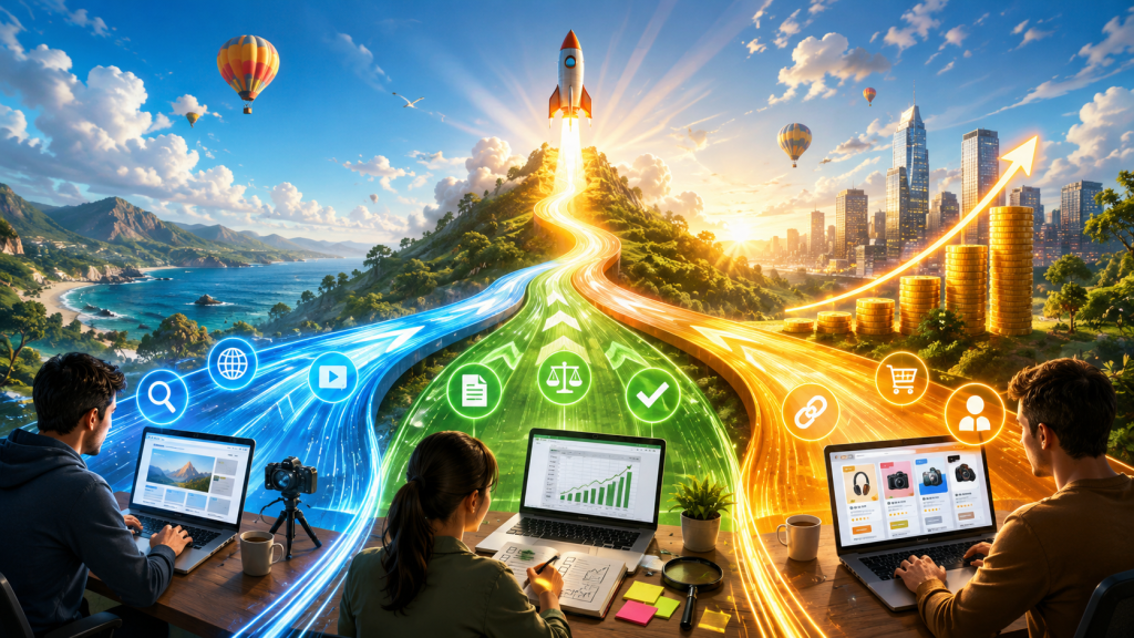 Bright cinematic illustration of three parallel paths representing content creation, planning, and monetization merging into a glowing road toward a launching rocket, with creators working on laptops, rising coin stacks, a growth arrow, mountains, ocean, and a sunlit city skyline.