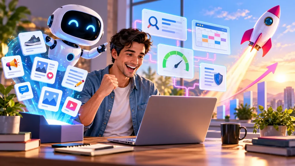 A bright cinematic illustration of a smiling content creator working on a laptop while a friendly AI robot and glowing digital panels surround him, representing AI writing tools, SEO optimization, content planning, scoring, social media, and productivity, with a rocket launching in the background to symbolize growth.