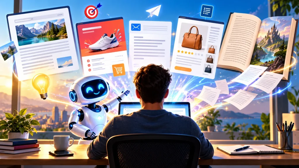 A vibrant futuristic scene showing a person using AI to transform ideas into different types of written content, with a friendly robot assistant and floating visuals representing articles, emails, advertisements, product descriptions, and books.