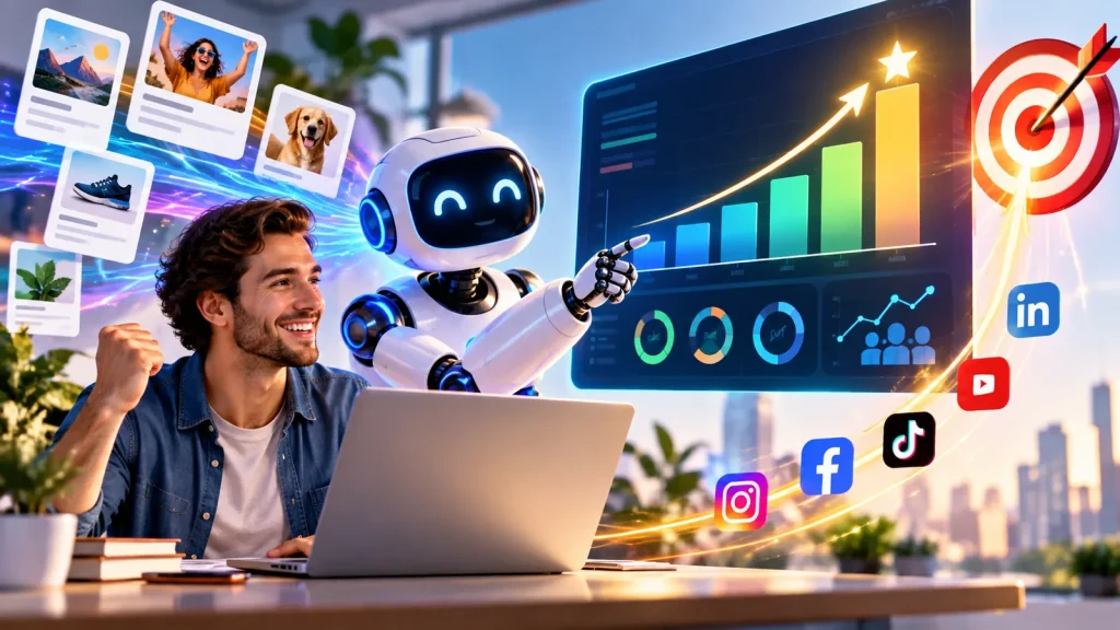 A bright futuristic marketing scene showing a smiling content creator working with a friendly AI robot beside a glowing analytics dashboard with rising performance charts, a target, content cards, and social media platforms, representing AI-powered predictive performance scoring and marketing growth.