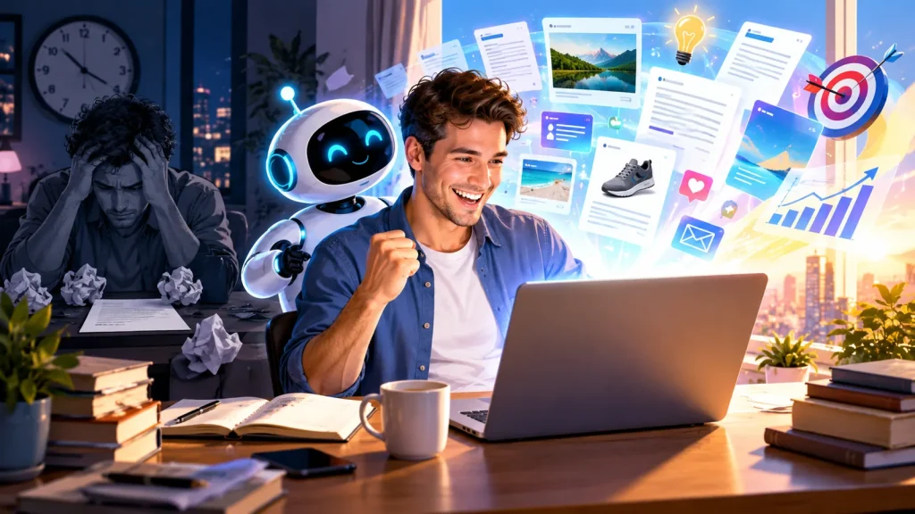 A vibrant futuristic workspace showing a frustrated writer overcoming writer's block with the help of AI Text Generator, transforming into a joyful creative breakthrough surrounded by floating digital content, charts, images, and ideas.